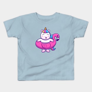 Cute Unicorn Wearing Flamingo Swimming Tires Kids T-Shirt